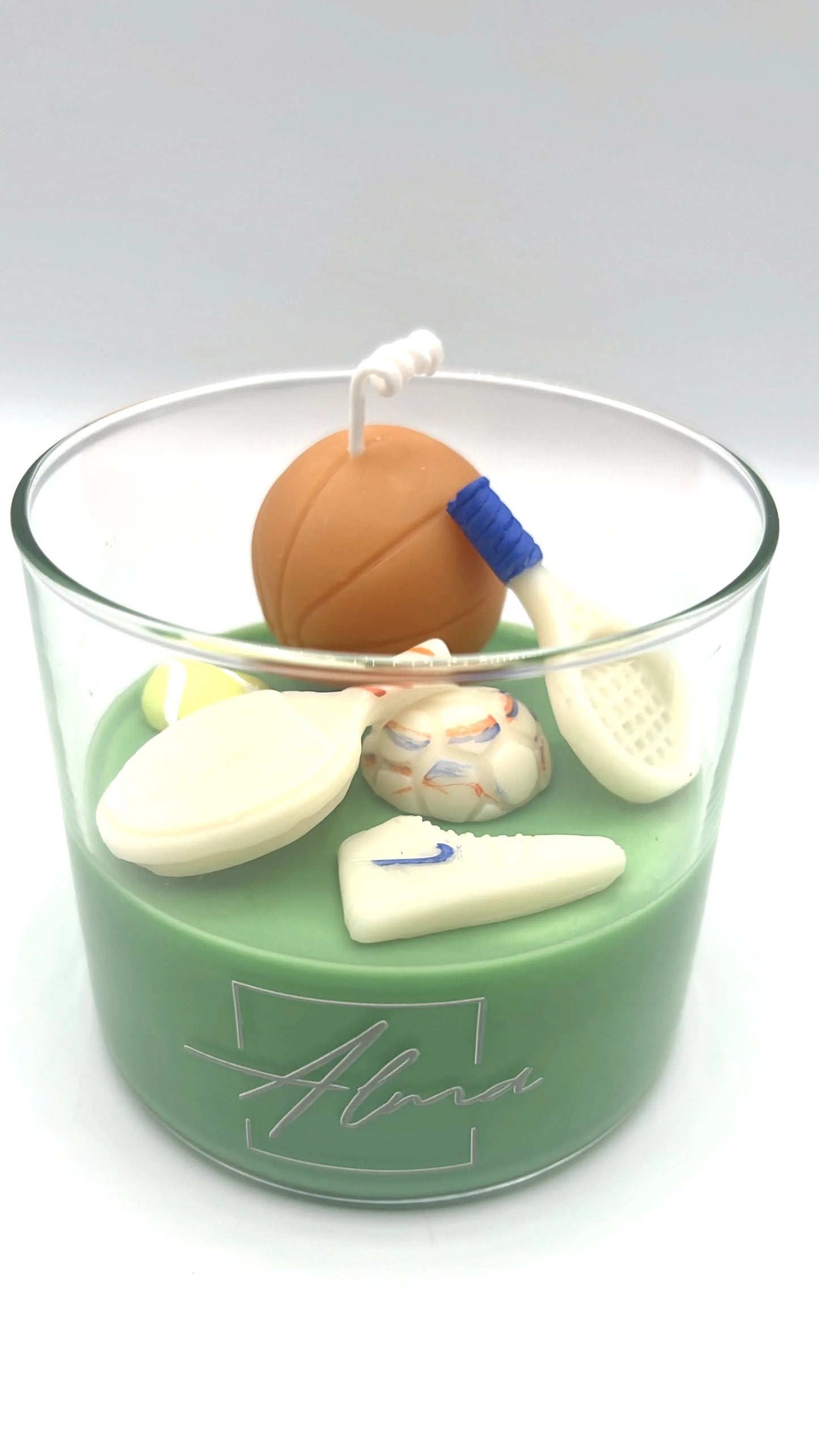 Alma Gift Game Day candle featuring basketball, tennis racket and padel paddle in glass jar, Miami