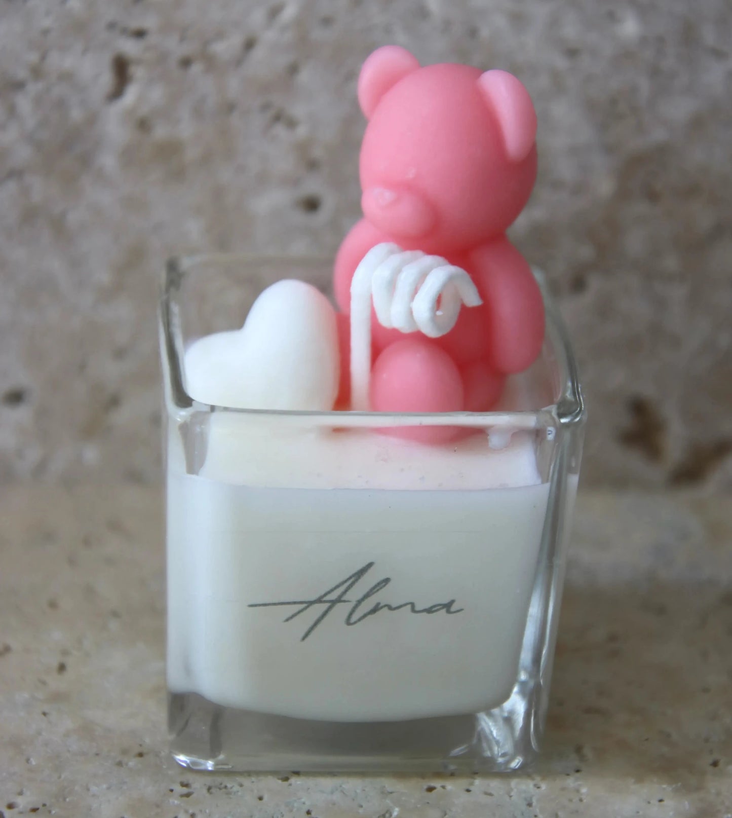 Baby Teddy Bear In Square Candle Pink