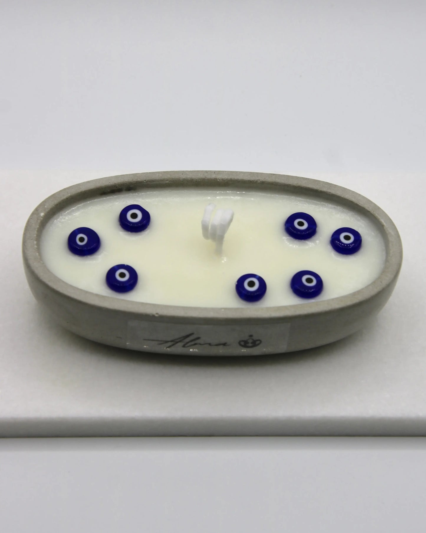Evil Eye Candle Canoe Shape with Jasmine Scent – Handmade in Miami – White Soy Wax