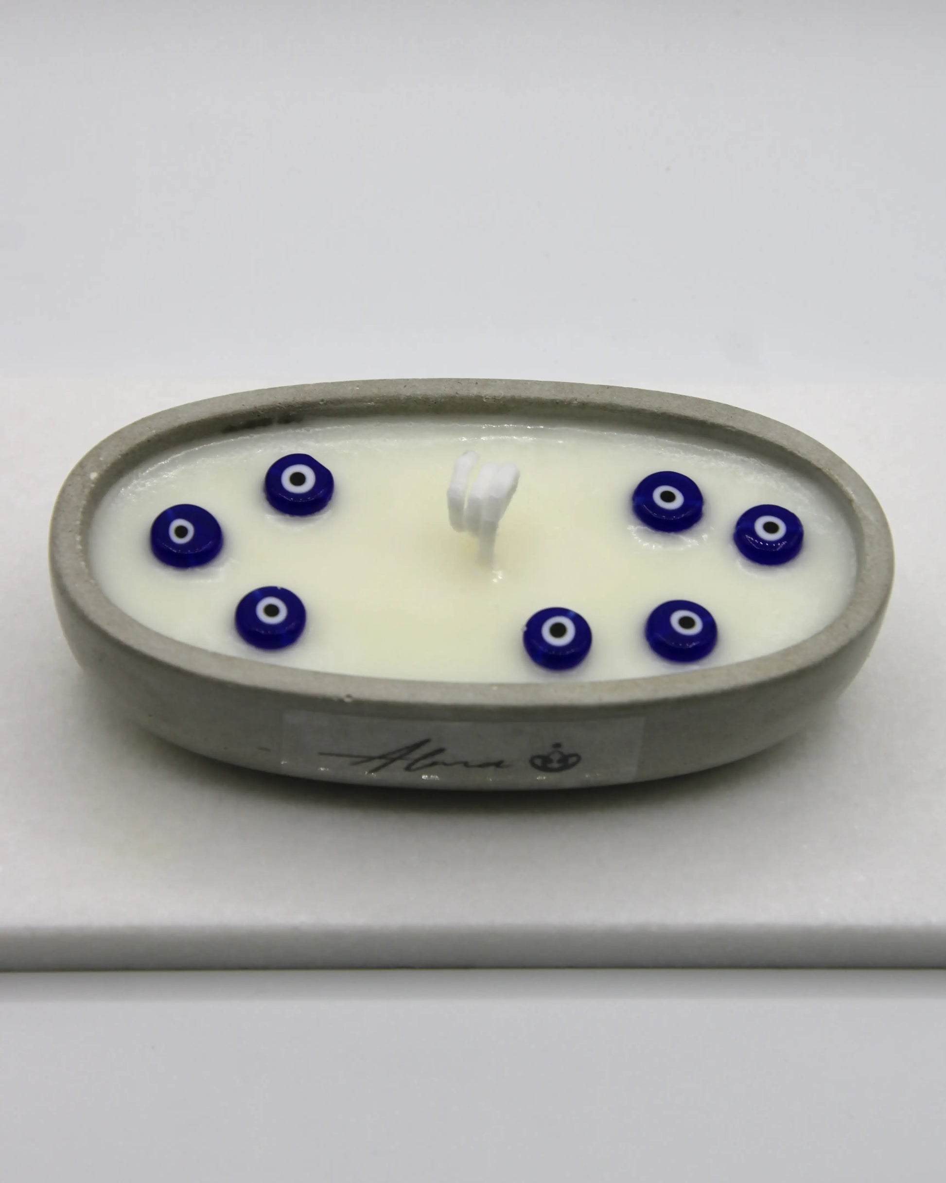 Evil Eye Candle Canoe Shape with Jasmine Scent – Handmade in Miami – White Soy Wax