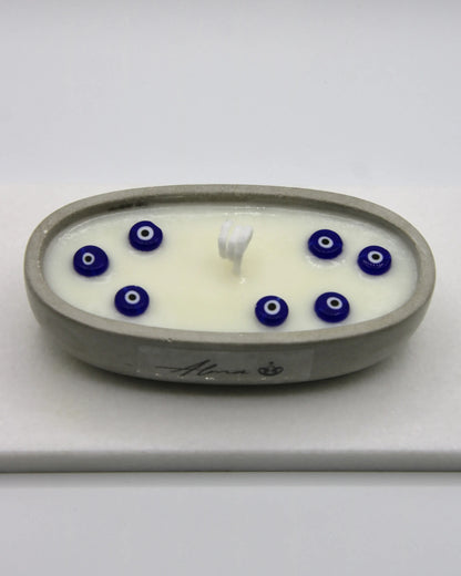 Evil Eye Candle Canoe Shape with Jasmine Scent – Handmade in Miami – White Soy Wax