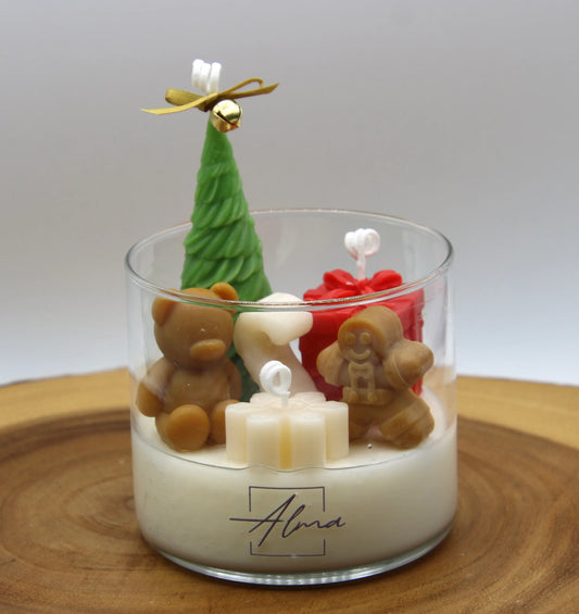Festive handmade candle with toy-themed design – Christmas soy wax decor – Alma Gift Up