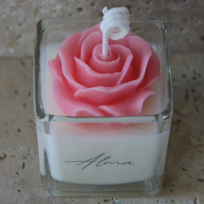 Mini Rose In Square Candle Pink