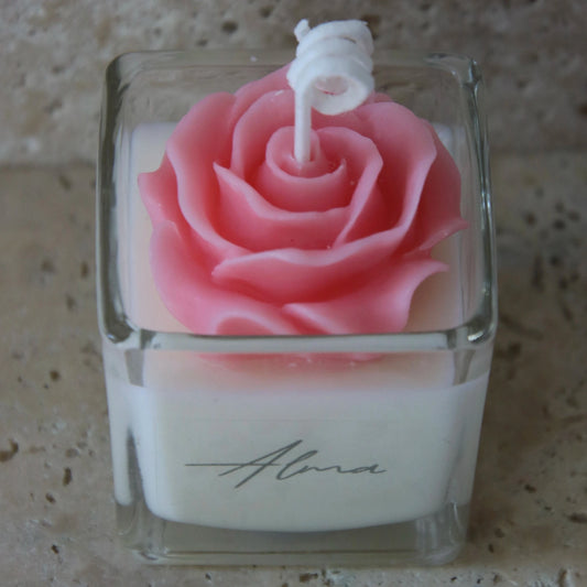 Mini Rose In Square Candle Pink