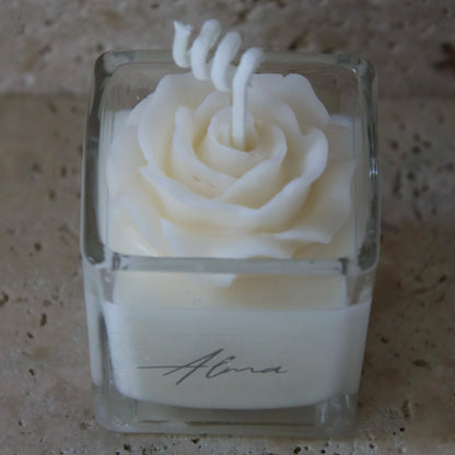 Mini Rose In Square Candle White