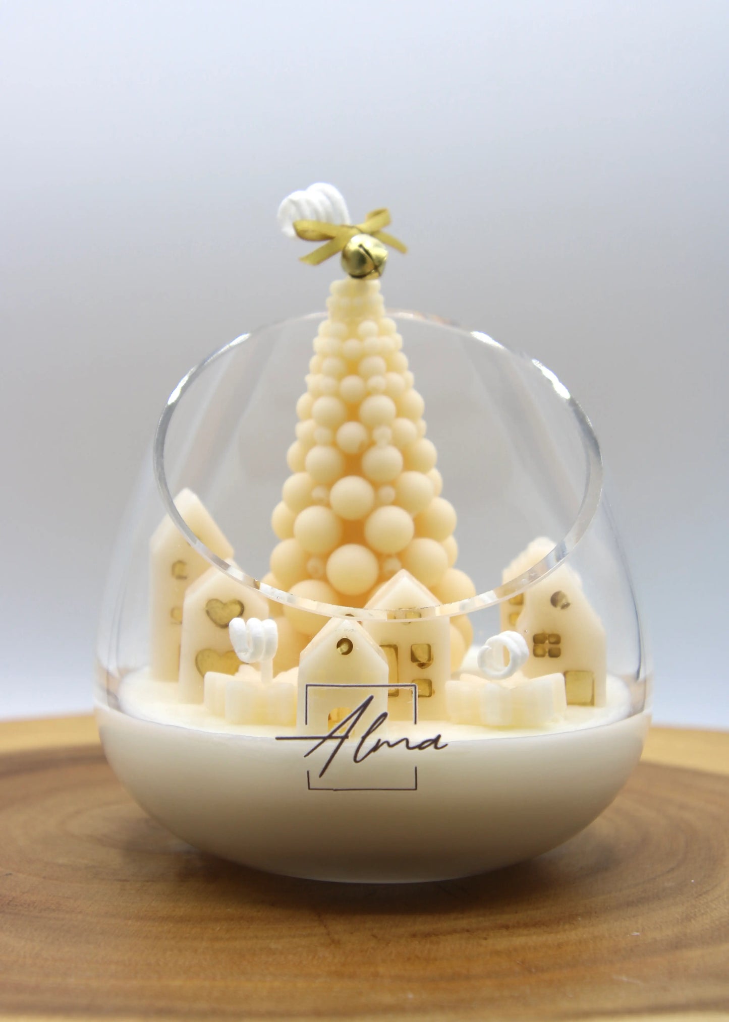 Soy wax Christmas candle inspired by a snowy village – handmade holiday decor by Alma Gift Front