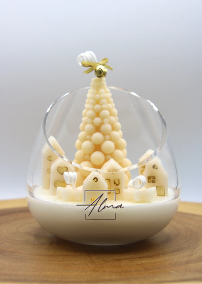 Soy wax Christmas candle inspired by a snowy village – handmade holiday decor by Alma Gift Front