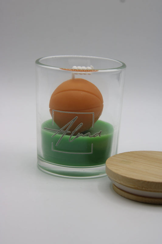 Alma Gift handmade basketball sport candle in glass jar with bamboo lid, Miami