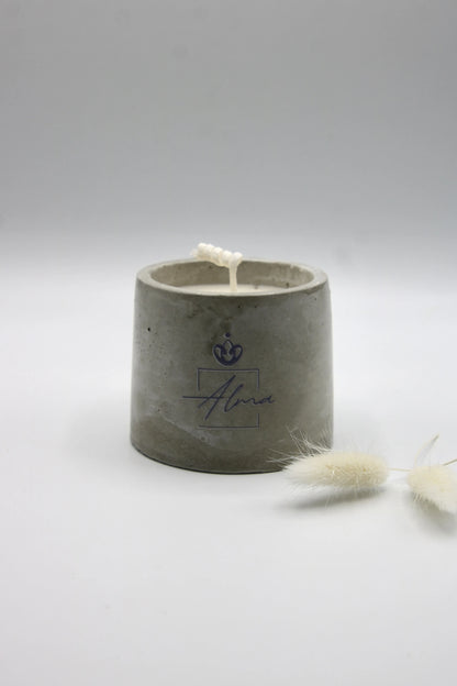 Alma Gift handmade soy candle in cylindrical concrete vase, front view, Miami Beach