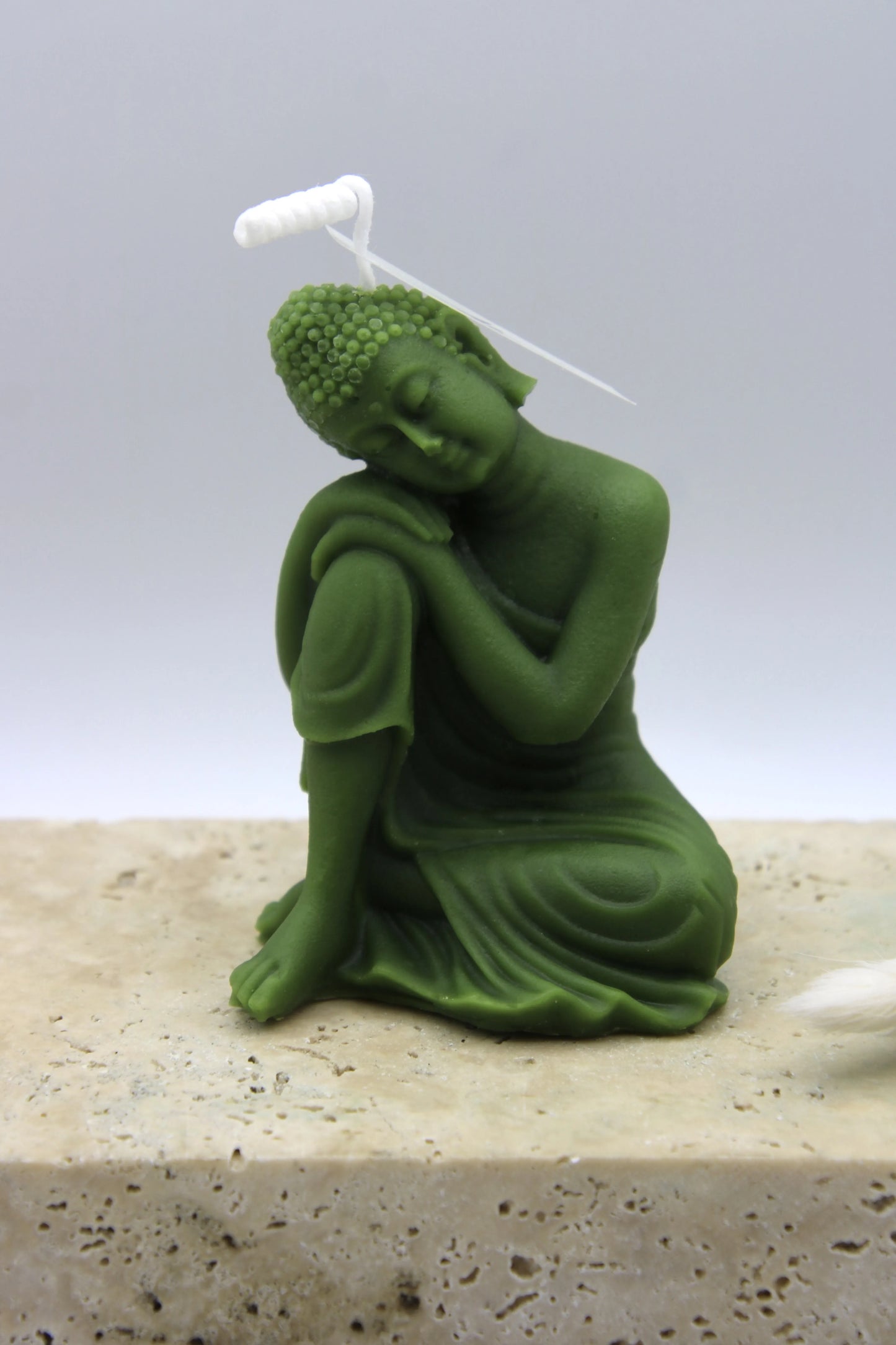 Alma Gift Dreamer Buddha handmade green candle sculpture on marble base, Miami Beach