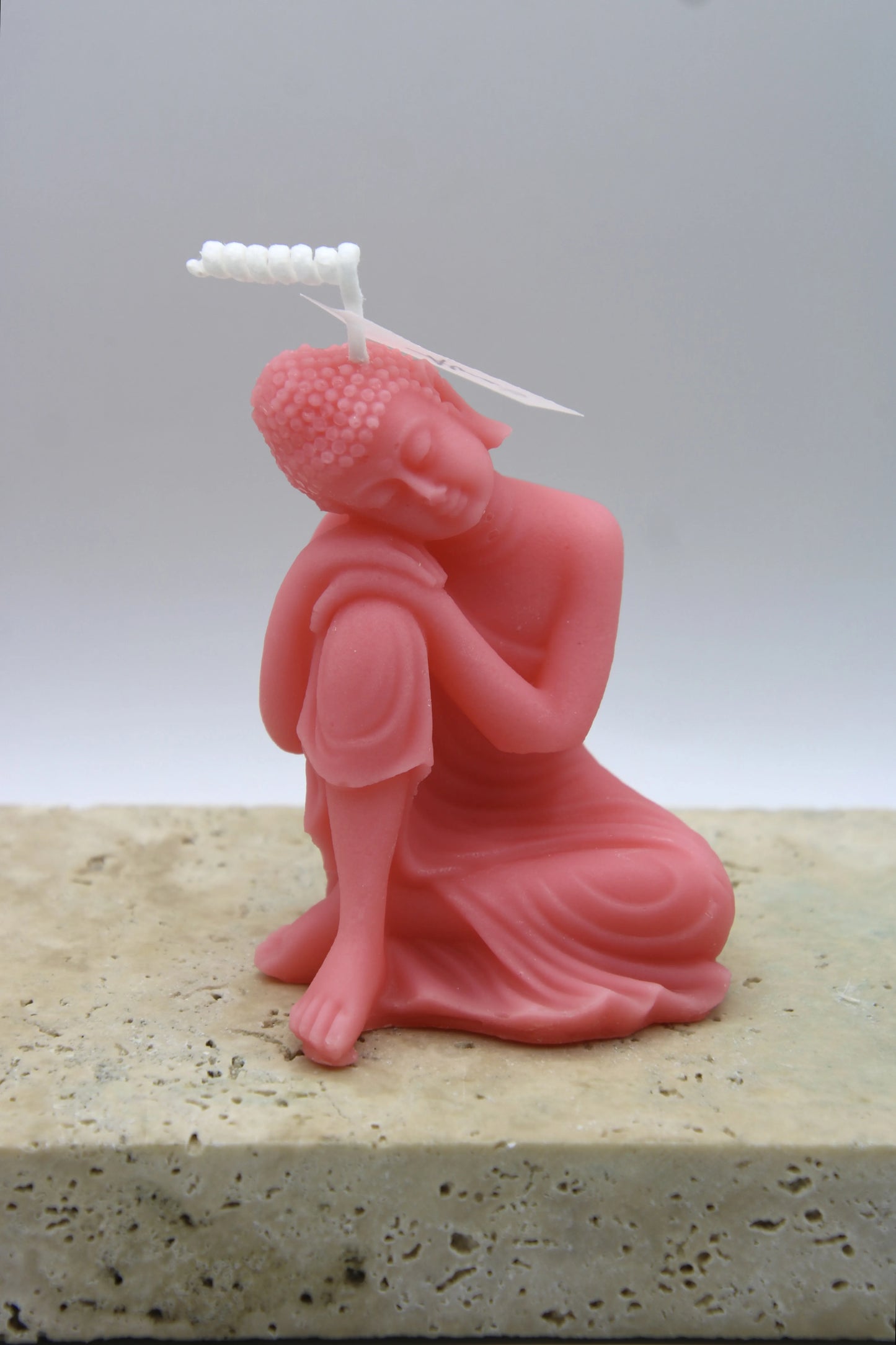 Alma Gift Dreamer Buddha handmade pink candle sculpture on marble base, Miami Beach