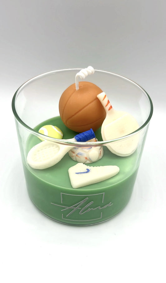 Alma Gift Game Day candle with basketball, tennis ball, soccer ball, paddle racket and sneaker charm, Miami