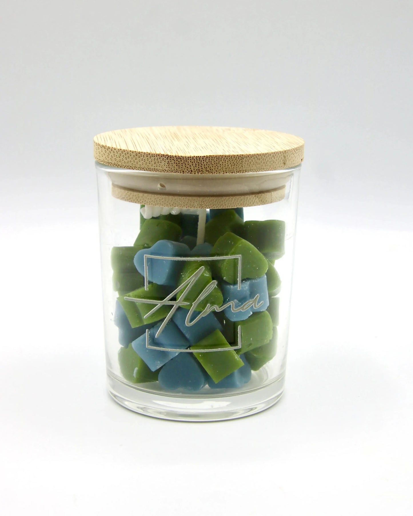 Alma Gift Love Hug blue and green wax melts glass jar with bamboo lid closed, Miami