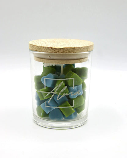 Alma Gift Love Hug blue and green wax melts glass jar with bamboo lid closed, Miami