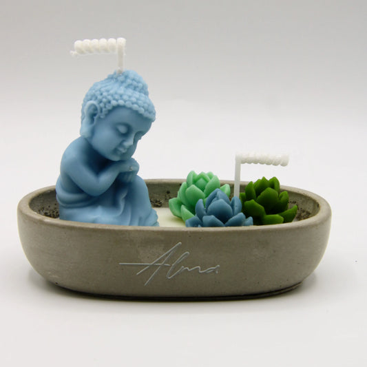 Alma Gift Soul Garden green and blue Buddha succulent handmade candle set, Miami Beach
