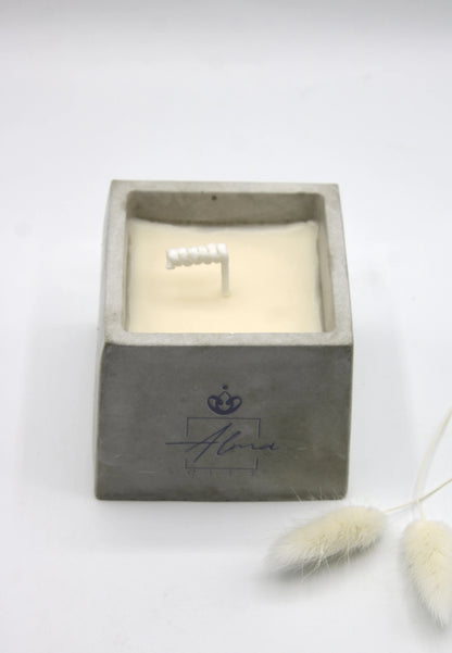 Alma Gift handmade soy candle in square concrete vase, top view, Miami Beach