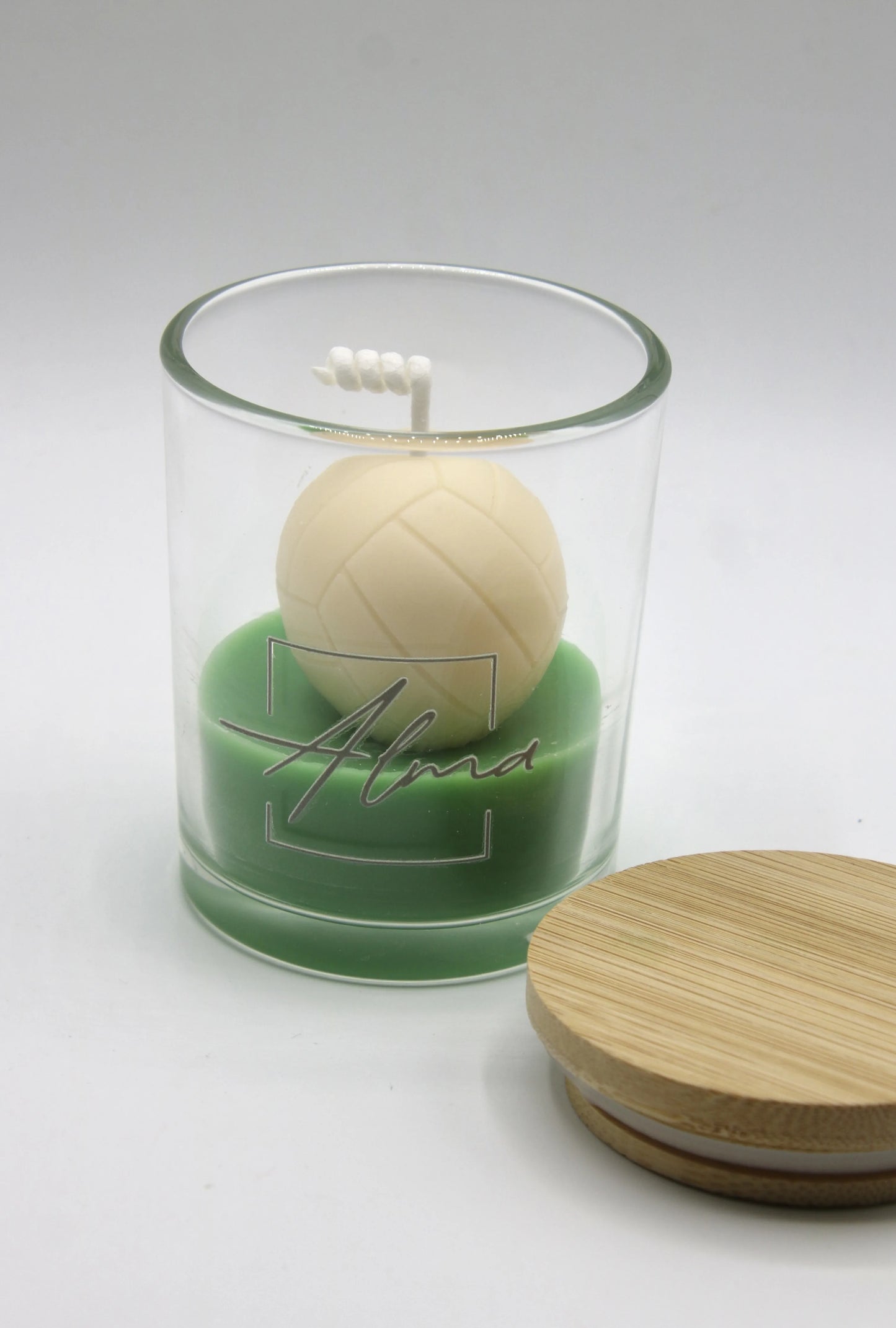 Alma Gift handmade volleyball sport candle in glass jar with bamboo lid, Miami