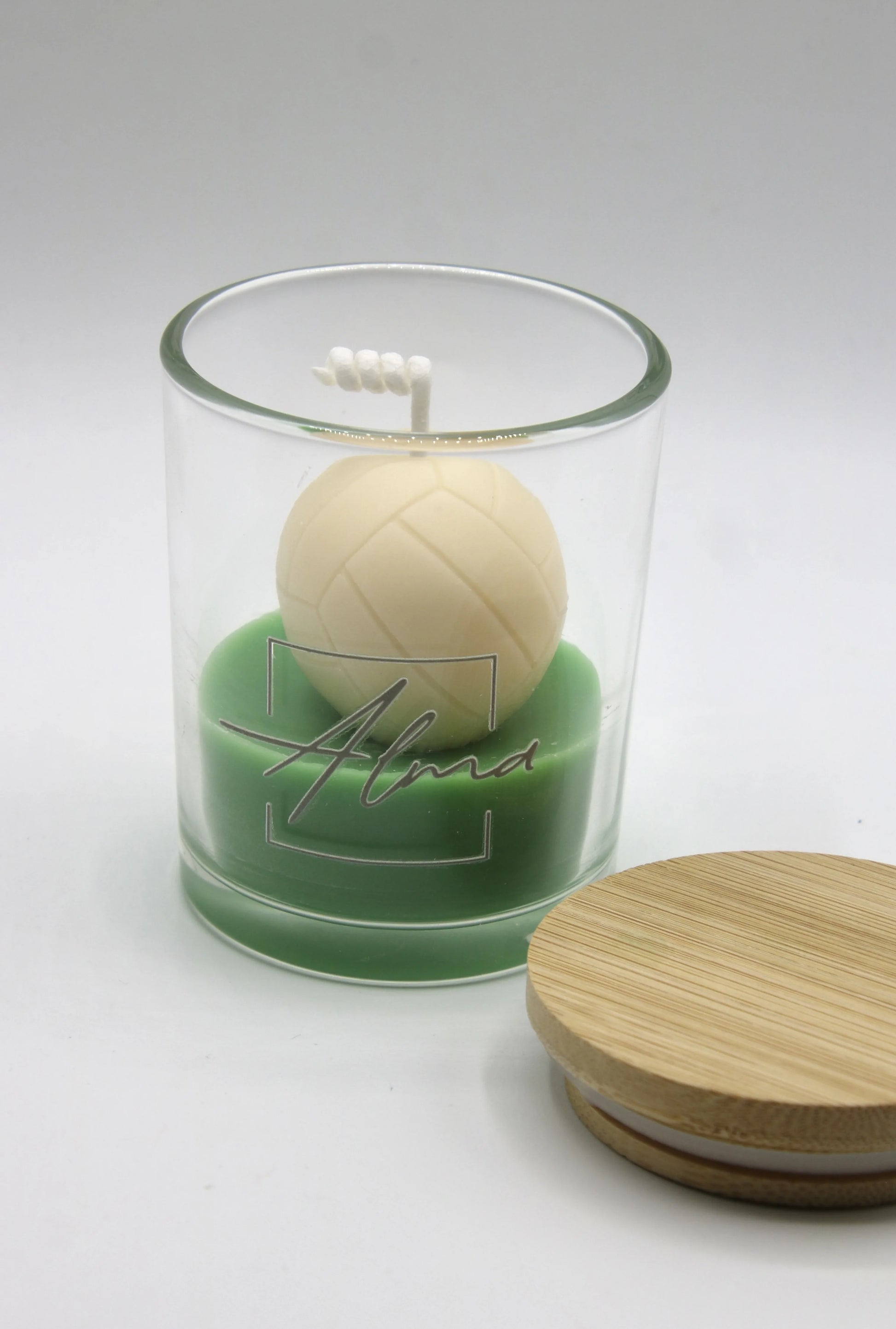 Alma Gift handmade volleyball sport candle in glass jar with bamboo lid, Miami