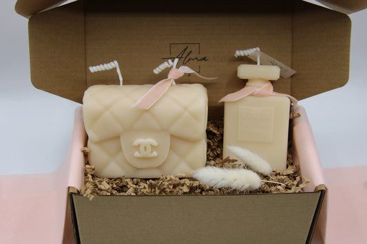 luxury candle gift set perfume and purse design ivory decorative soy wax candle box