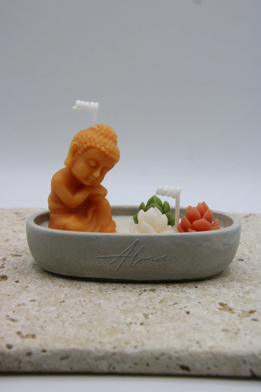 buddha candle in tray with flowers decorative zen candle handmade relaxation decor